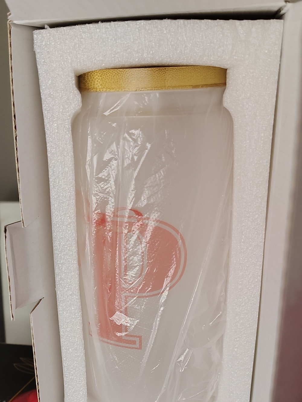 Frosted Glass Tumbler with Gold Lid and Coral 'P' Detail